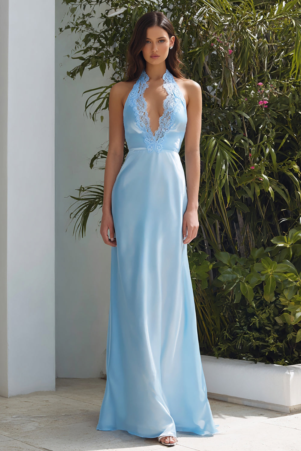 Sky Blue Halter Neck Long Wedding Guest Dress with Lace