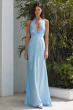 Sky Blue Halter Neck Long Wedding Guest Dress with Lace