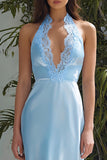 Sky Blue Halter Neck Long Wedding Guest Dress with Lace
