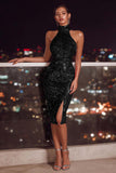 Sparkly Red Bodycon Sequin Halter Midi Cocktail Dress with Slit