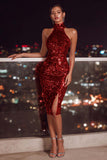Sparkly Red Bodycon Sequin Halter Midi Cocktail Dress with Slit