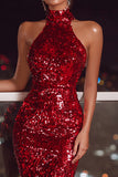 Sparkly Red Bodycon Sequin Halter Midi Cocktail Dress with Slit