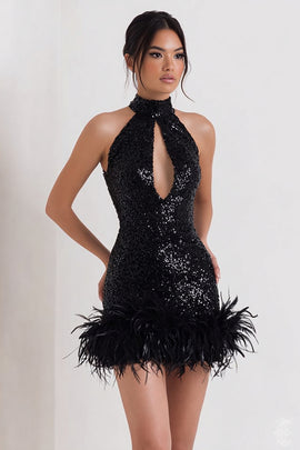 Sparkly Black Bodycon Sequin Short Cocktail Dress with Feather