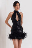 Sparkly Black Bodycon Sequin Short Cocktail Dress with Feather