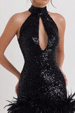 Sparkly Black Bodycon Sequin Short Cocktail Dress with Feather