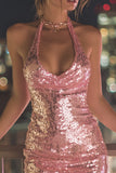 Sparkly Pink Bodycon Sequin Short Cocktail Dress