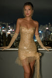 Sparkly Champagne Sequin Bodycon Short Cocktail Dress with Gloves