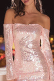 Sparkly Pink Sequin Bodycon Short Cocktail Dress with Sleeves