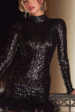 Sparkly Black Sequin Bodycon Short Cocktail Dress with Feather
