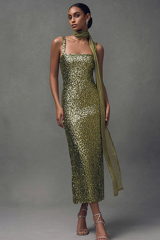 Sparkly Olive Bodycon Sequin Scarf Neck Long Holiday Party Dress