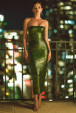 Sparkly Olive Strapless Bodycon Sequin Midi Cocktail Dress
