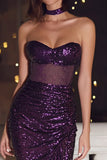 Sparkly Plum Sequin Bodycon Sweetheart Midi Cocktail Dress with Slit