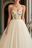 Ivory Tulle Floral Sweetheart A Line Long Prom Dress