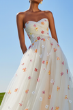 White Tulle Floral Strapless A Line Long Prom Dress