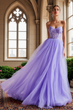 Lilac Tulle Appliqued Strapless Corset Long Prom Dress