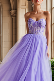 Lilac Tulle Appliqued Strapless Corset Long Prom Dress