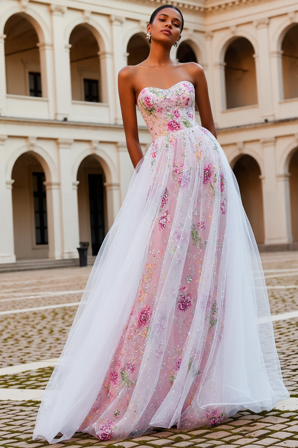 Sparkly Pink Beaded Floral Strapless Long Prom Dress