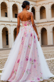 Sparkly Pink Beaded Floral Strapless Long Prom Dress