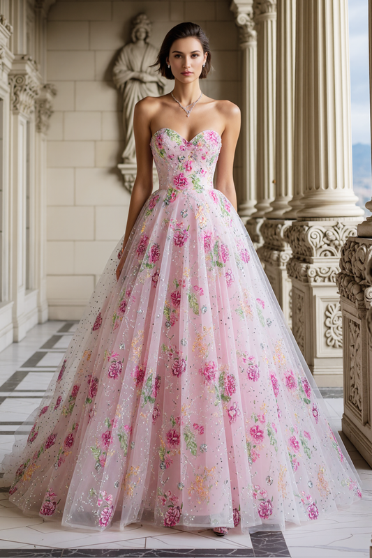 Sparkly Pink Beaded Floral Sweetheart A Line Long Prom Dress