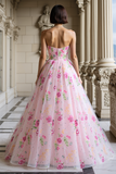 Sparkly Pink Beaded Floral Sweetheart A Line Long Prom Dress