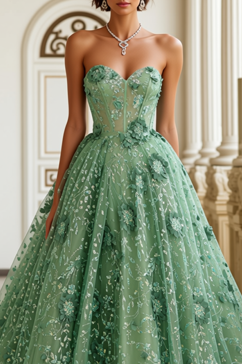 Green Floral Sweetheart A Line Corset Long Prom Dress