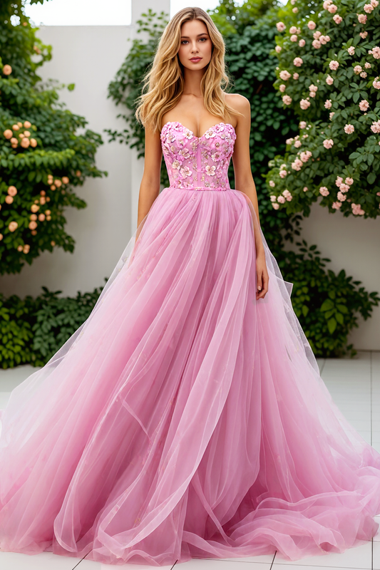 Pink Tulle Floral Strapless A Line Corset Long Prom Dress