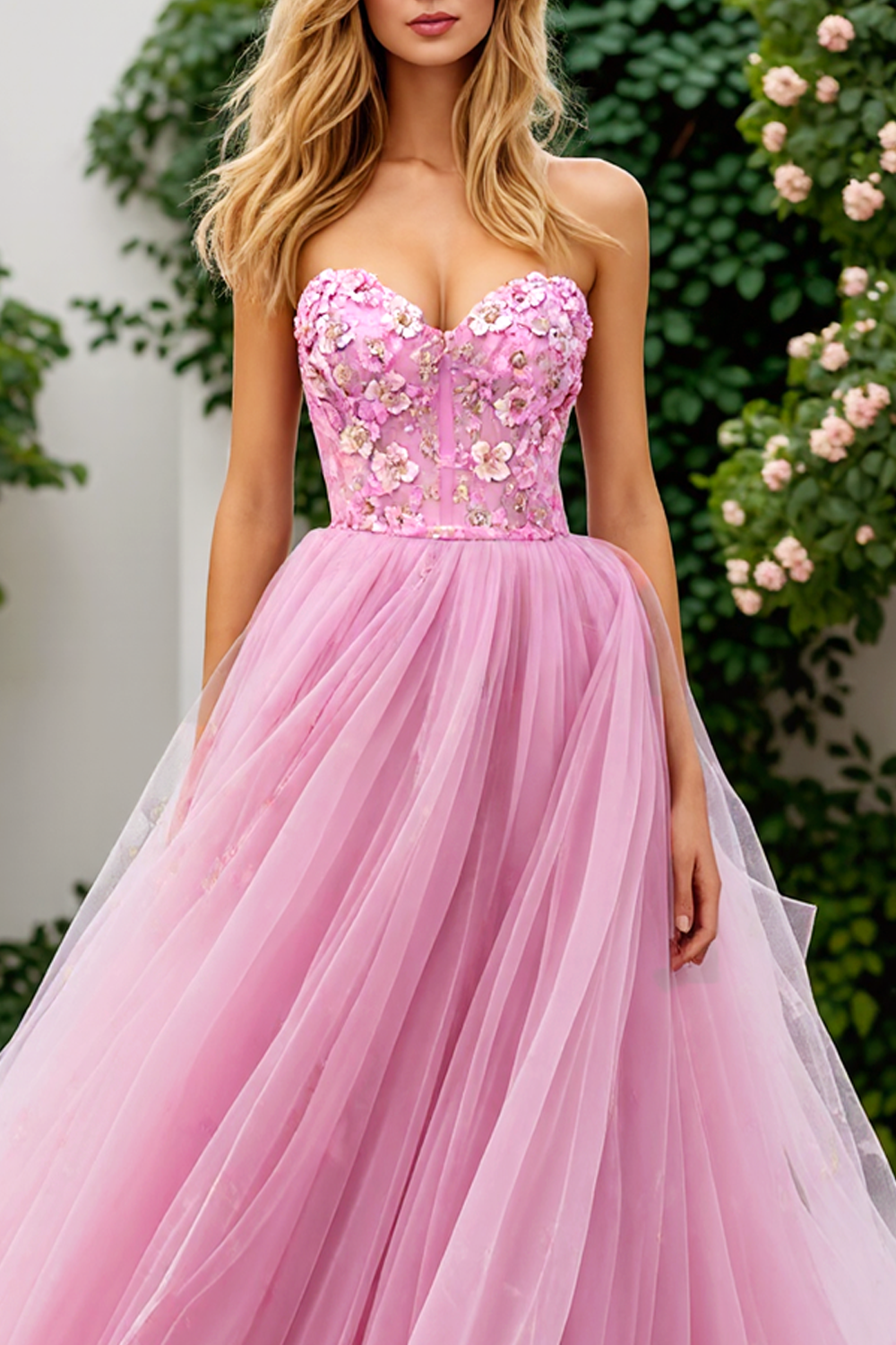 Pink Tulle Floral Strapless A Line Corset Long Prom Dress