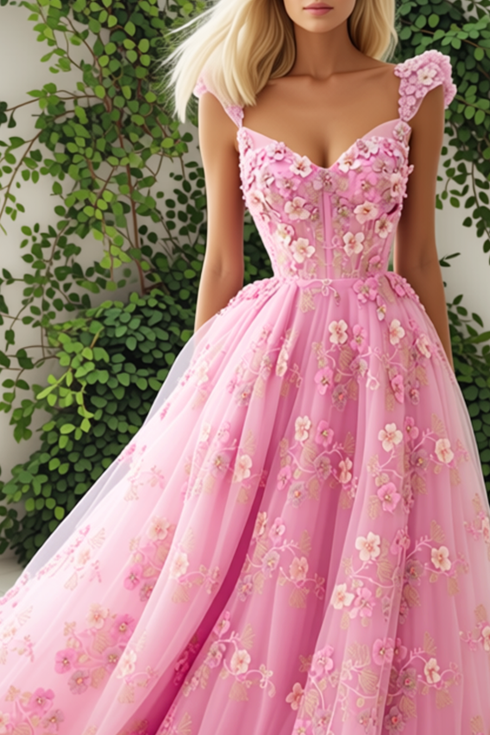 Pink Floral Tulle Thick Straps A Line Long Corset Prom Dress