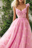 Pink Floral Tulle Thick Straps A Line Long Corset Prom Dress