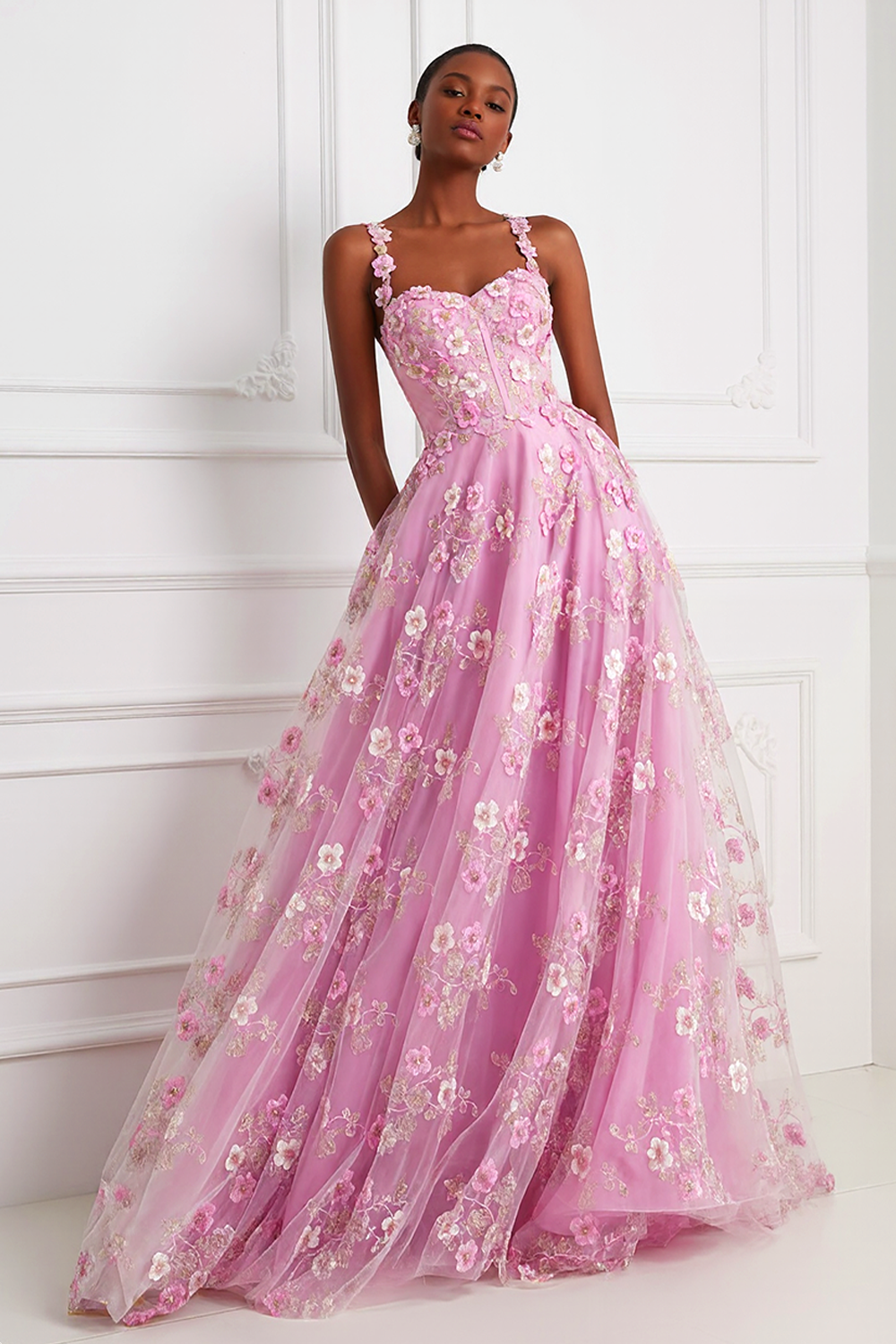 Pink Floral A Line Corset Thick Straps Long Prom Dress