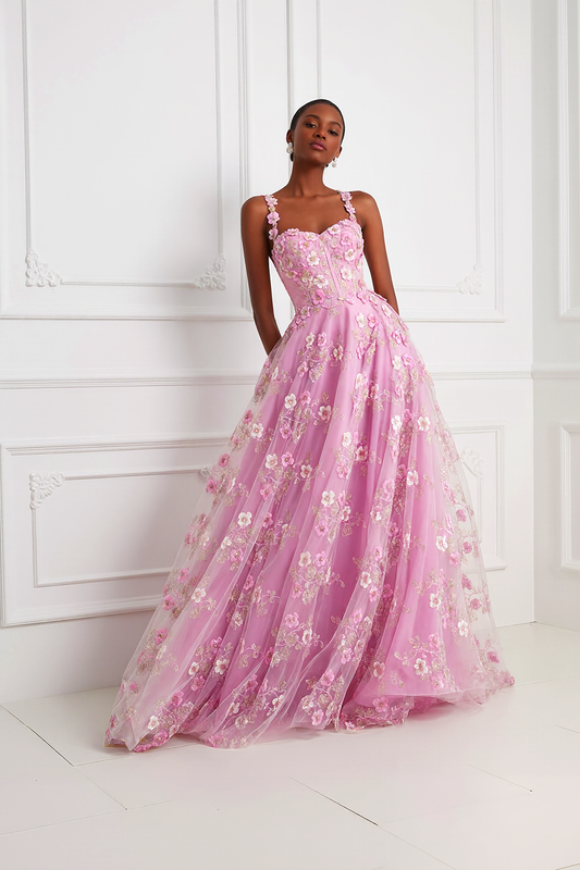 Pink Floral A Line Corset Thick Straps Long Prom Dress