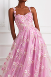 Pink Floral A Line Corset Thick Straps Long Prom Dress