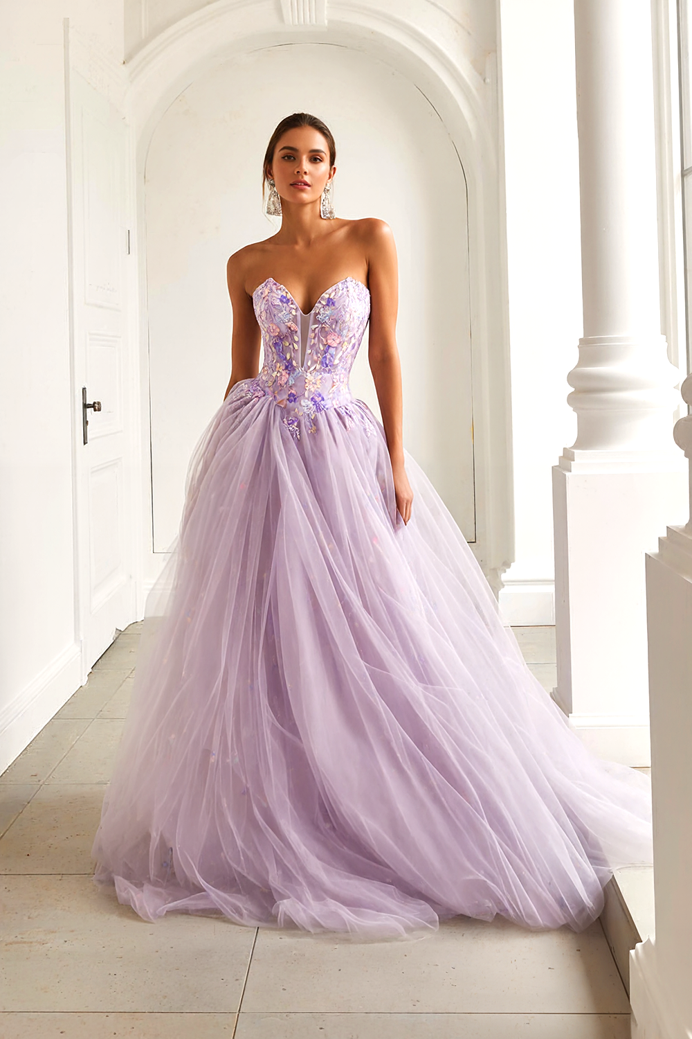 Lilac Floral A Line Tulle Sweetheart Long Prom Dress