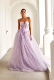 Lilac Floral A Line Tulle Sweetheart Long Prom Dress