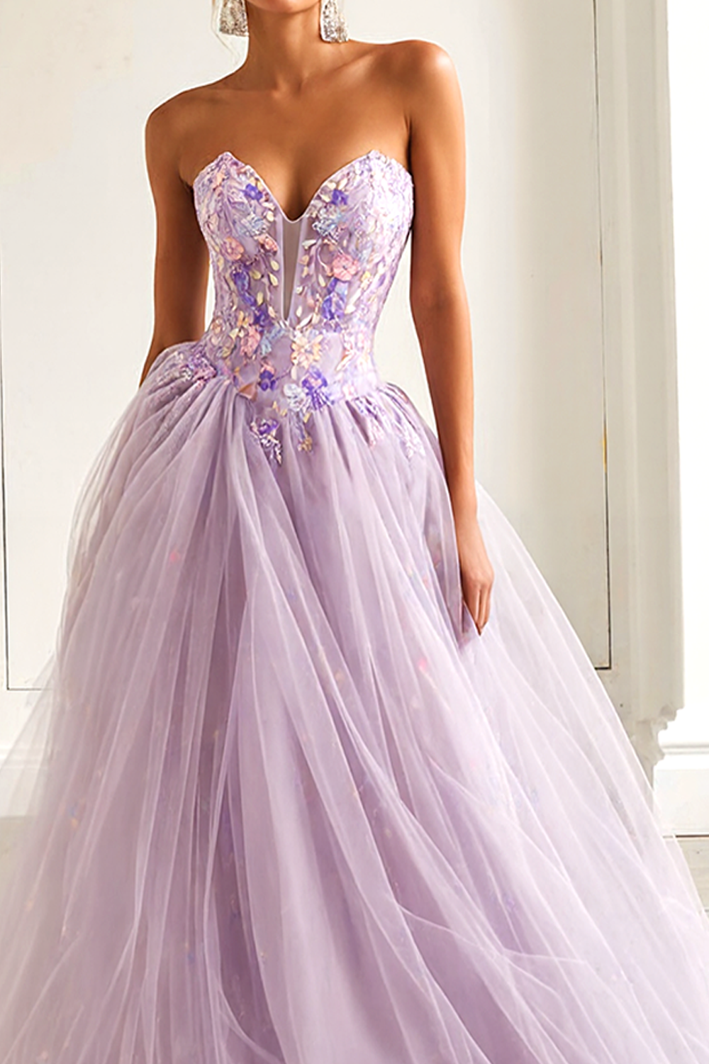 Lilac Floral A Line Tulle Sweetheart Long Prom Dress