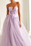 Lilac Floral A Line Tulle Sweetheart Long Prom Dress
