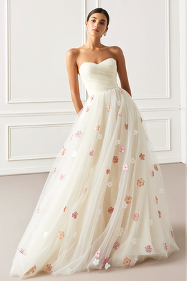 White Floral Tulle A Line Strapless Long Prom Dress