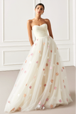 White Floral Tulle A Line Strapless Long Prom Dress