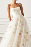 White Floral Tulle A Line Strapless Long Prom Dress