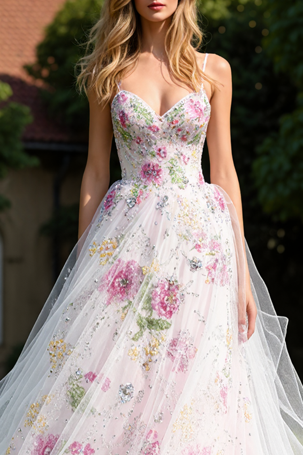 Sparkly White Floral Princess Long Prom Dress