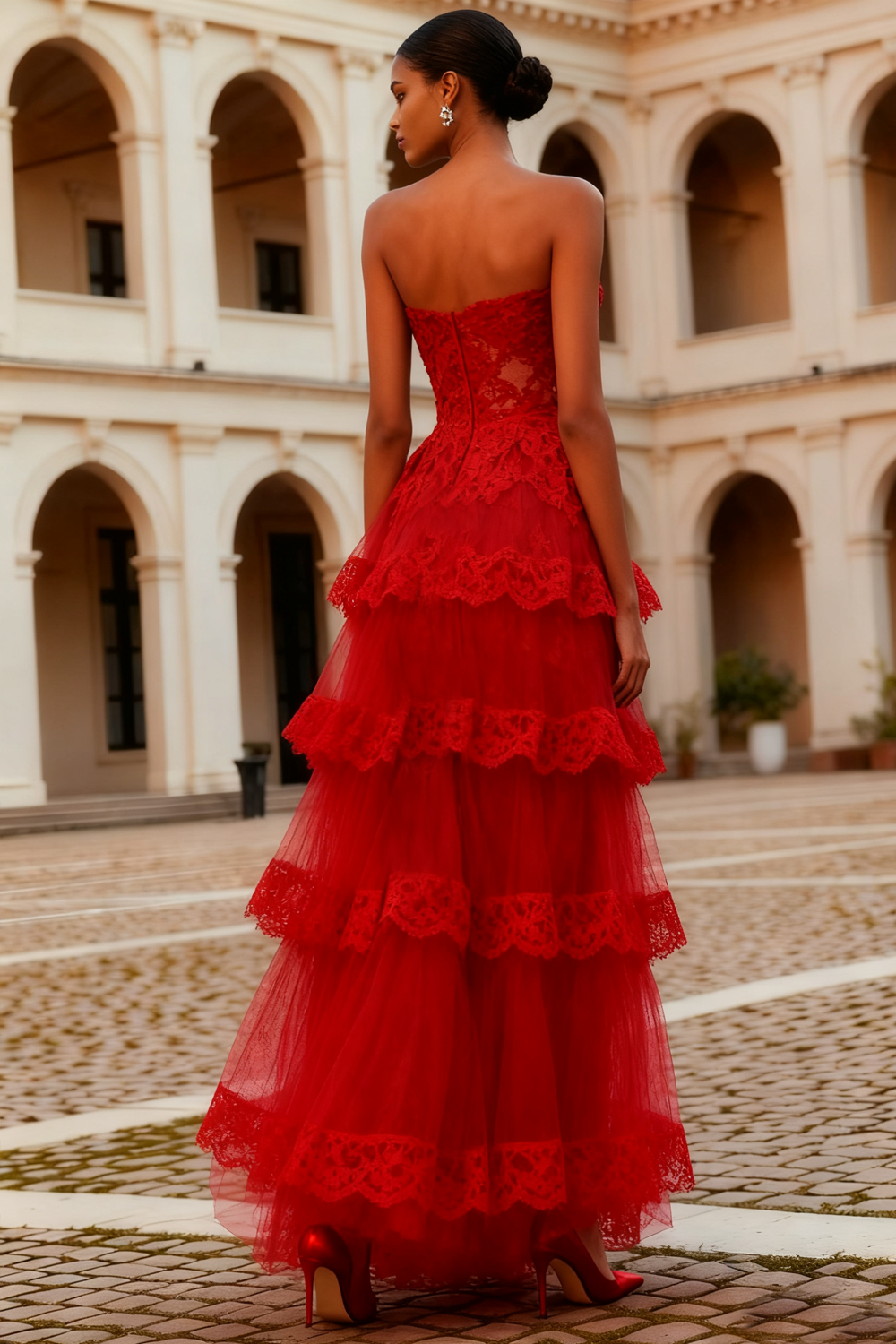 Red Tiered A-Line Long Lace Prom Dress with Ruffles