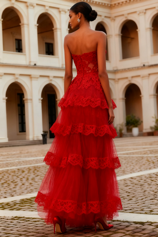 Red Tiered A-Line Long Lace Prom Dress with Ruffles