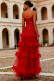 Red Tiered A-Line Long Lace Prom Dress with Ruffles