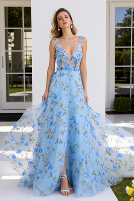 Light Blue V-Neck Floral A-Line Long Prom Dress with Slit
