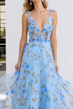 Light Blue V-Neck Floral A-Line Long Prom Dress with Slit
