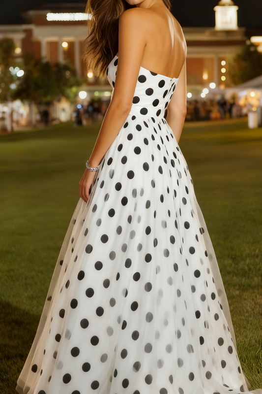 White and Black Polka Dots Sweetheart A-Line Tulle Long Prom Dress