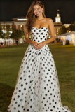 White and Black Polka Dots Sweetheart A-Line Tulle Long Prom Dress