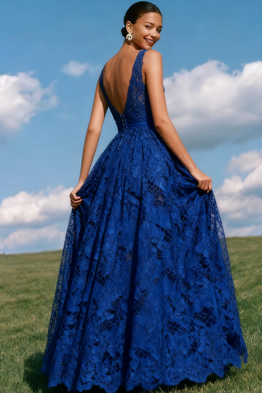 Blue Lace A-Line V-Neck Backless Long Prom Dress
