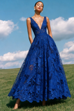 Blue Lace A-Line V-Neck Backless Long Prom Dress