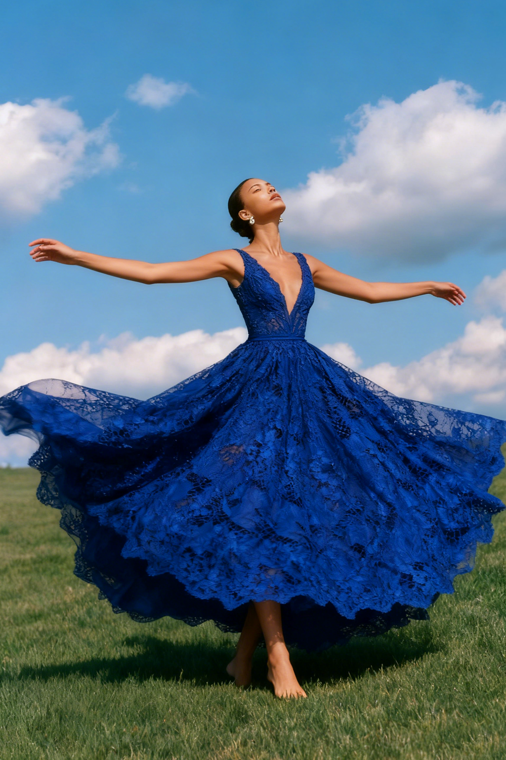 Blue Lace A-Line V-Neck Backless Long Prom Dress